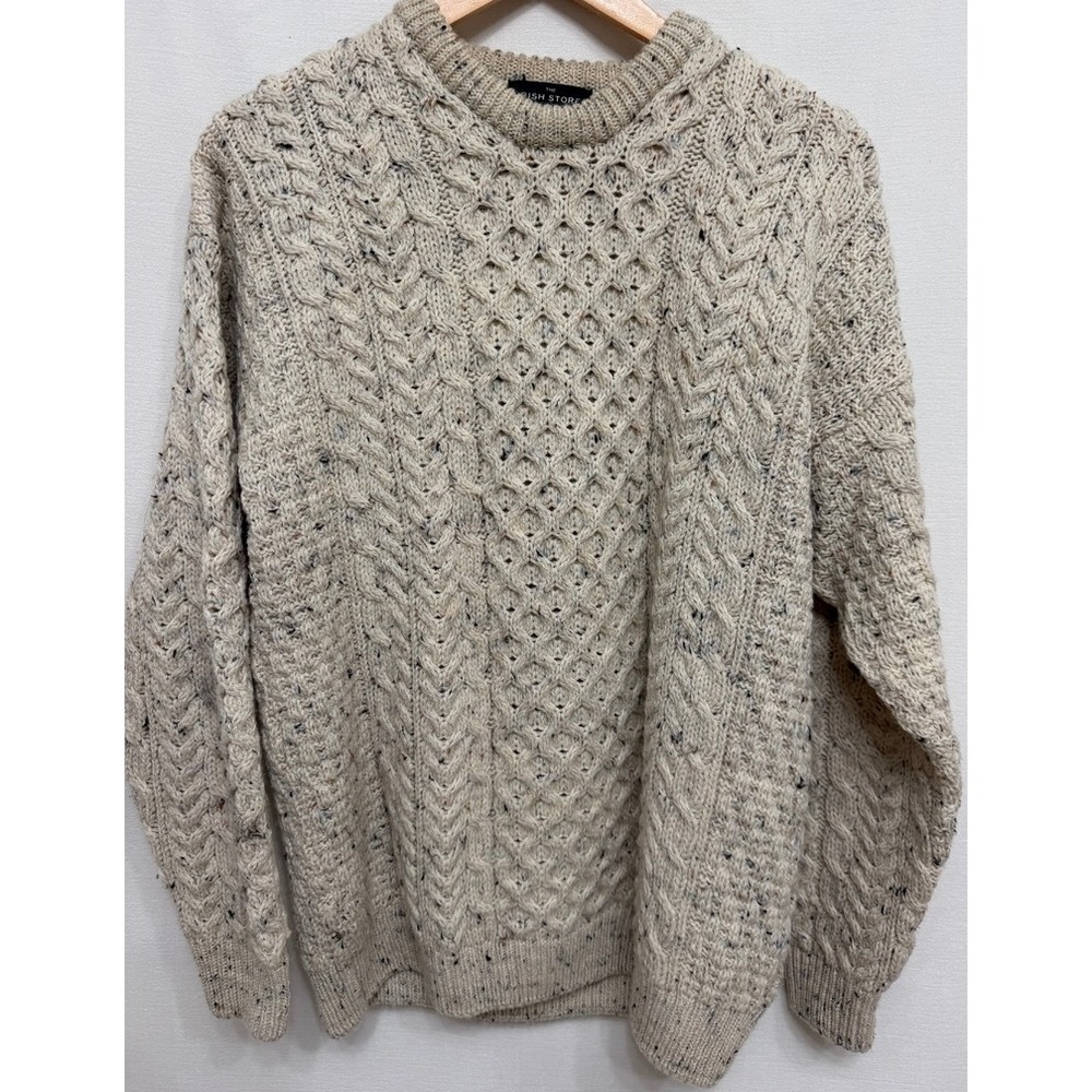 The Irish Store Aran Cable Knit 100% Merino Wool Sweater Cream Oatmeal Fleck Med
